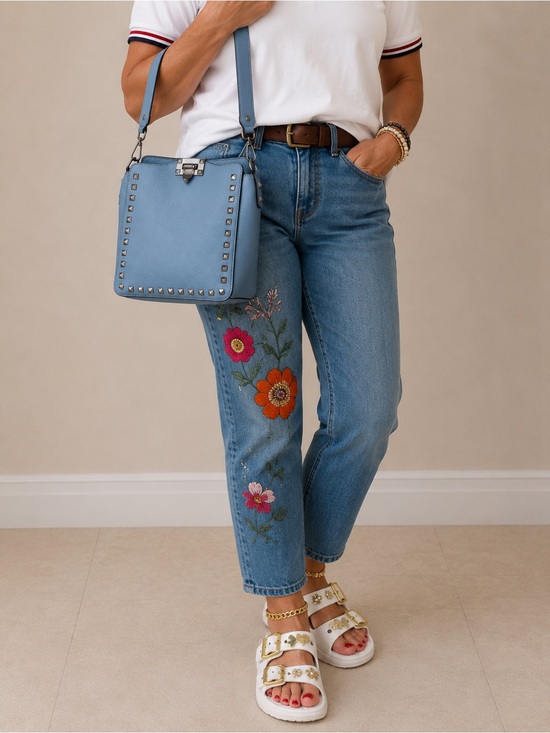 Handbags - Women's Studded Crossbody Bag - Light Blue